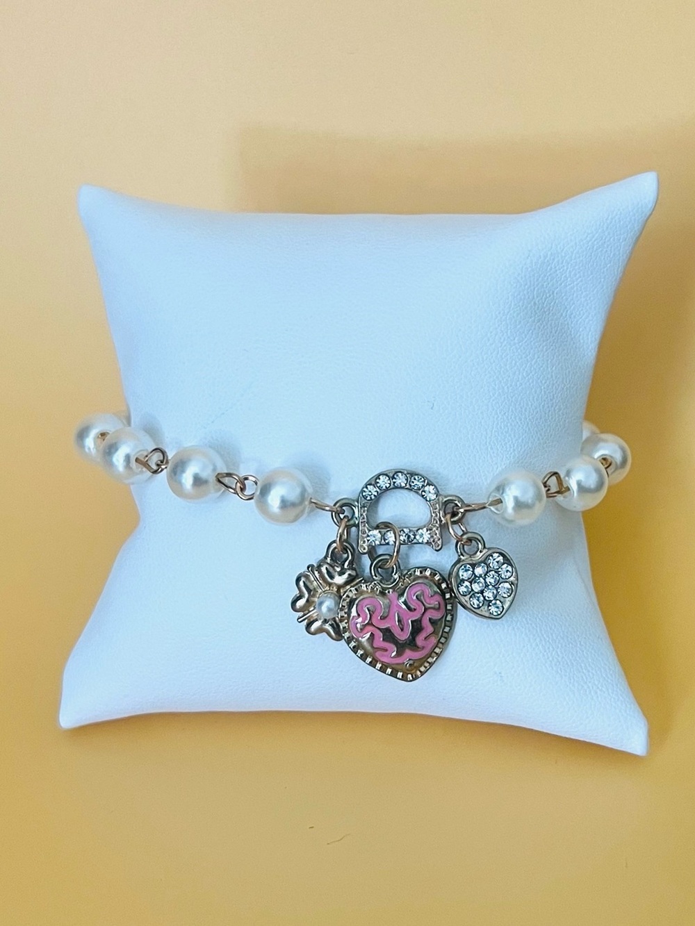 14K GP faux pearl enamel heart bracelet